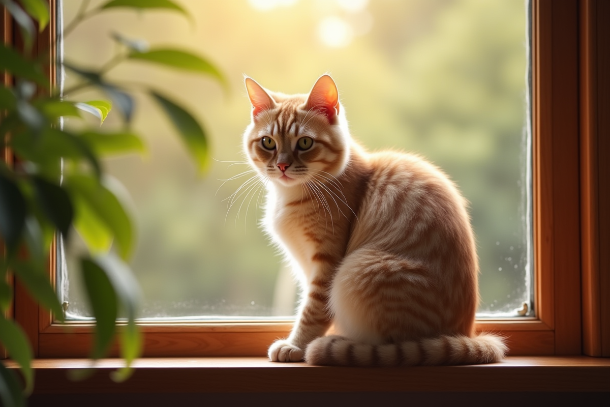 Chat beige assis sur une fenêtre ensoleillée