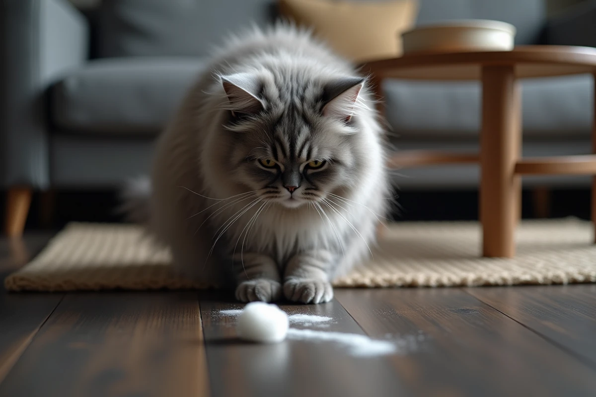 Chat persan gris poilu avec une boule de poils et de la mousse sur le parquet du salon