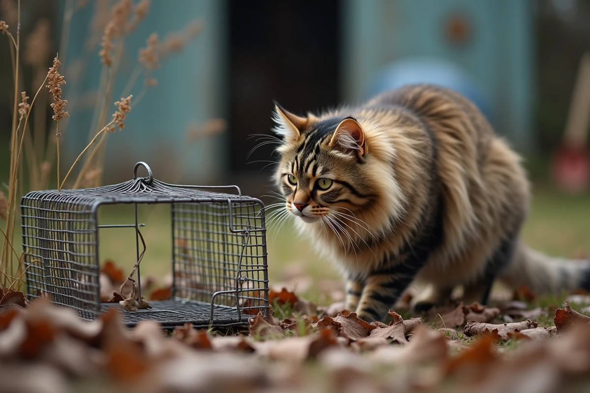 Chat sauvage sapprochant d une trappe en plein air