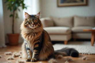 Chat Maine Coon à longs poils assis sur un parquet entouré de touffes de poils perdus lors de la mue saisonnière