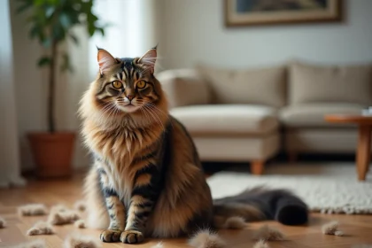 Chat Maine Coon à longs poils assis sur un parquet entouré de touffes de poils perdus lors de la mue saisonnière