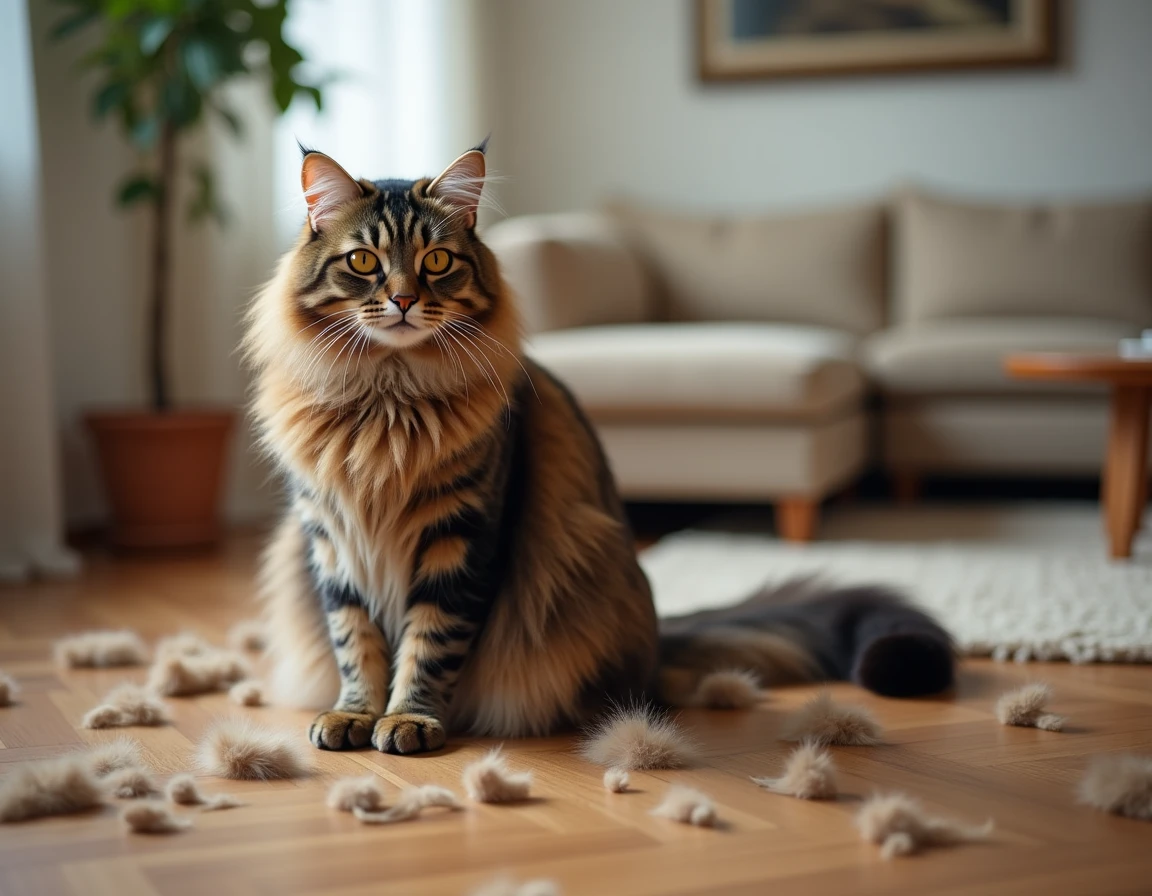 Chat Maine Coon à longs poils assis sur un parquet entouré de touffes de poils perdus lors de la mue saisonnière