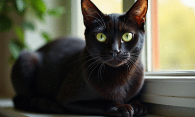 Chat noir aux yeux verts sur une fenêtre ensoleillée