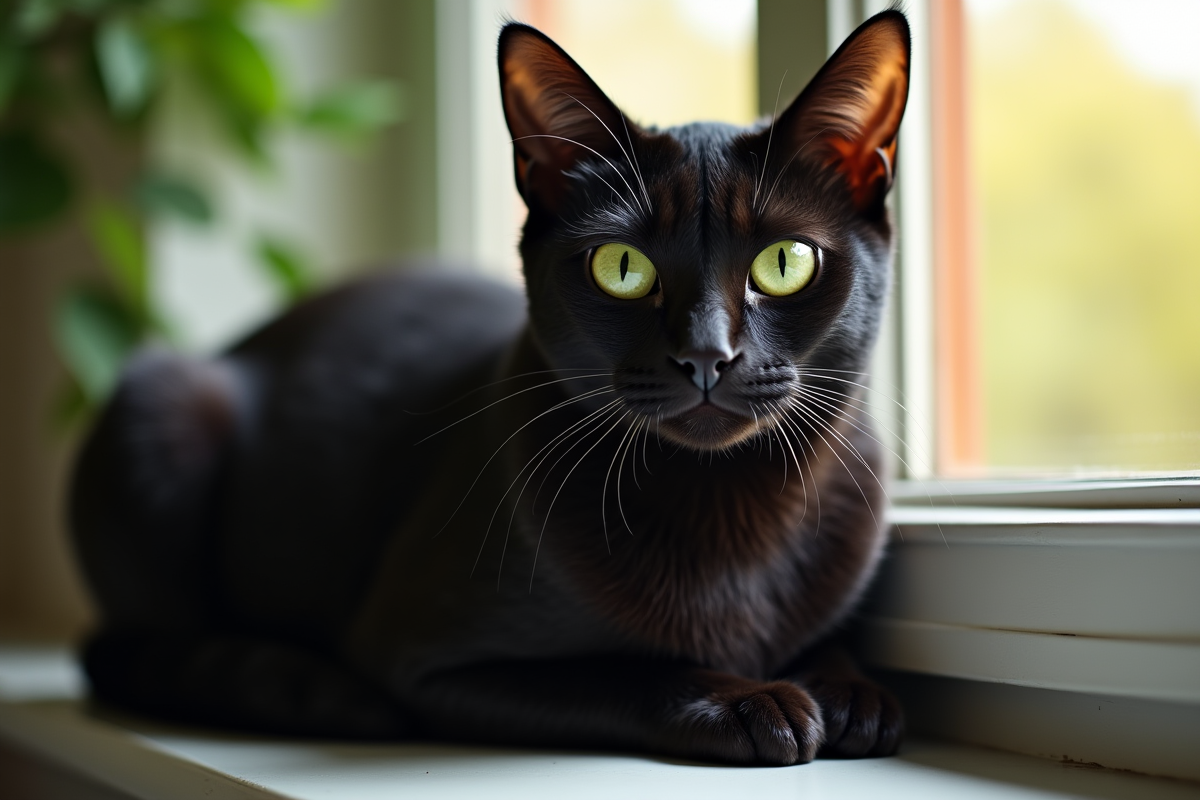 Chat noir aux yeux verts sur une fenêtre ensoleillée