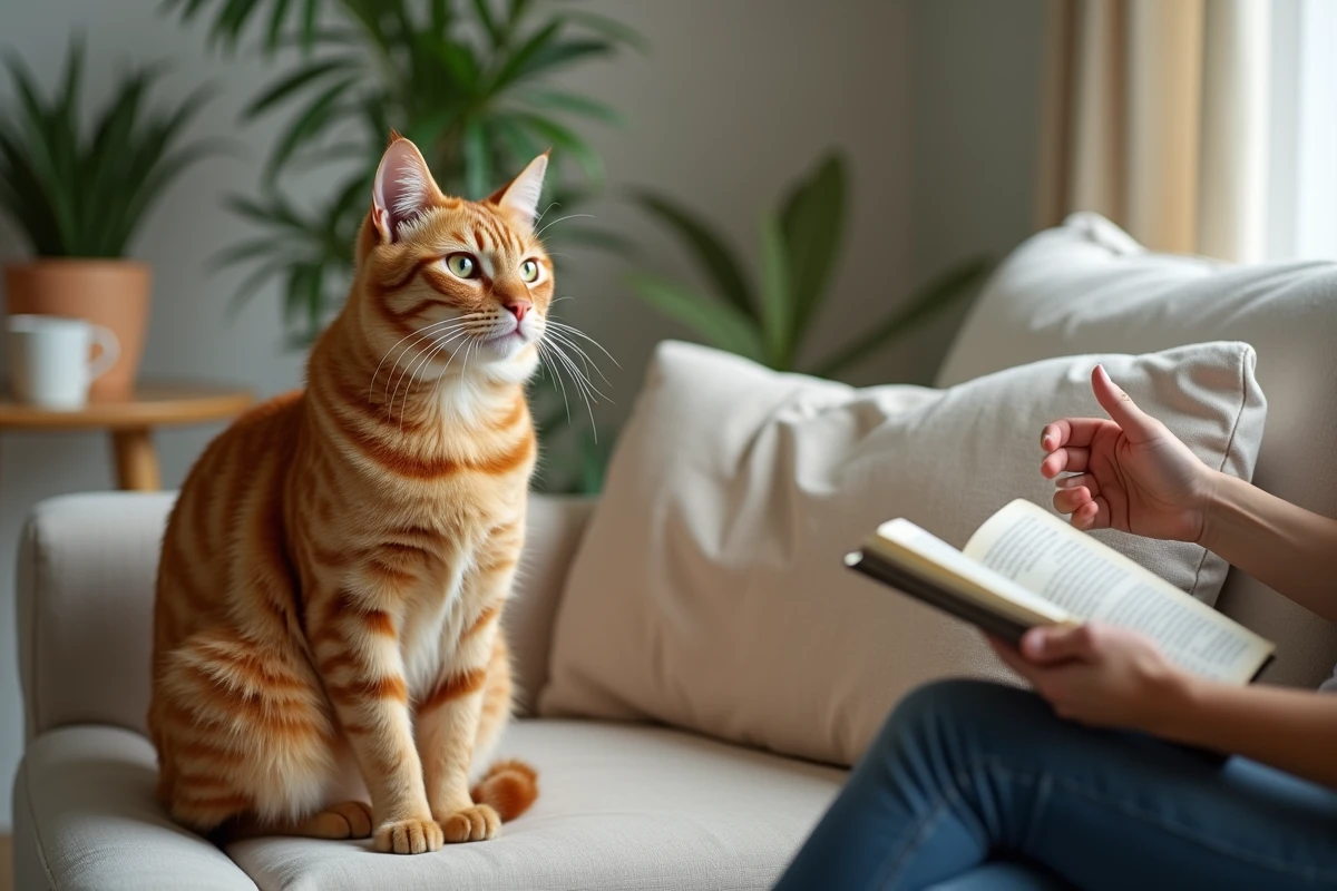 Chat roux adulte assis sur un canapé en lin observant son propriétaire en train de lire, symbolisant une relation de confiance progressive avec un félin indépendant