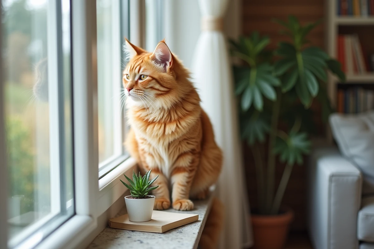 Chat roux tigré posé sur un rebord de fenêtre dans un intérieur cozy