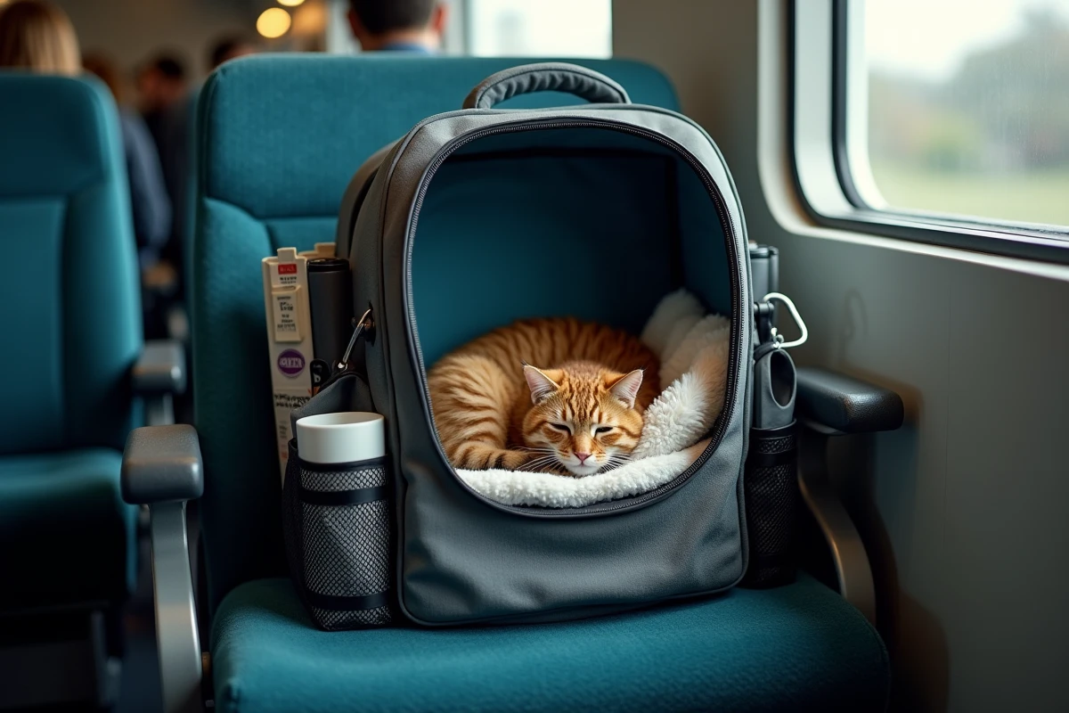 Chat confortablement installé dans un sac de transport posé sur un siège de train