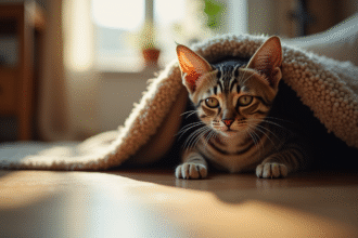 Chat tabby anxieux caché sous un canapé avec lumière naturelle