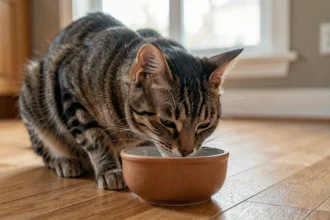 Chat tigré qui mange des croquettes dans une gamelle en céramique