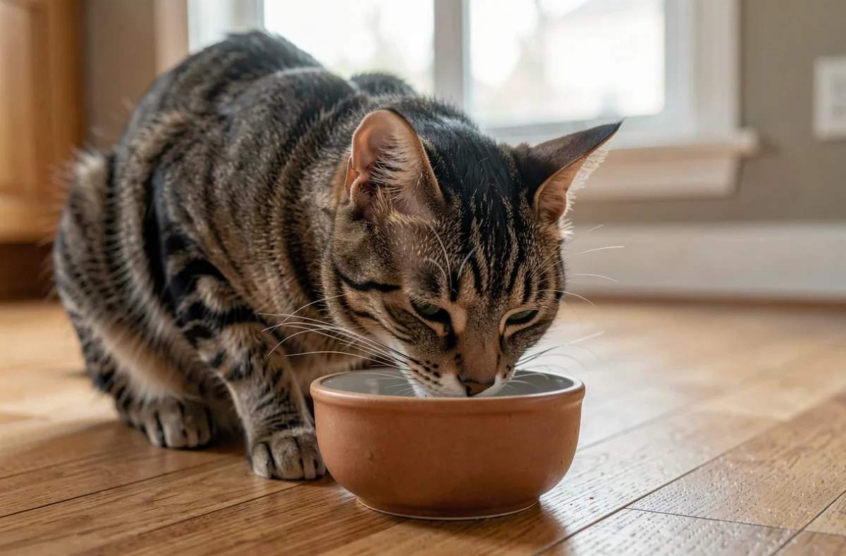 Chat tigré qui mange des croquettes dans une gamelle en céramique