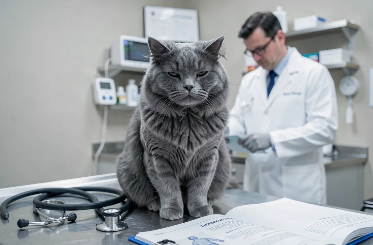 Chat persan gris à l'air apathique sur une table d'examen vétérinaire avec un stéthoscope et un dossier médical, symbolisant les complications liées à un mauvais dosage de Métacam