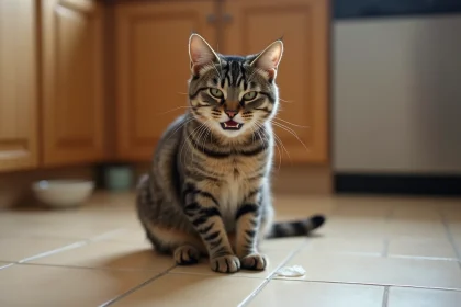 Chat tigré en train de régurgiter de la mousse blanche sur le carrelage d'une cuisine domestique
