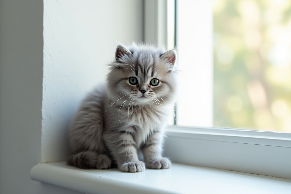 Chaton angora gris sur une fenêtre lumineuse