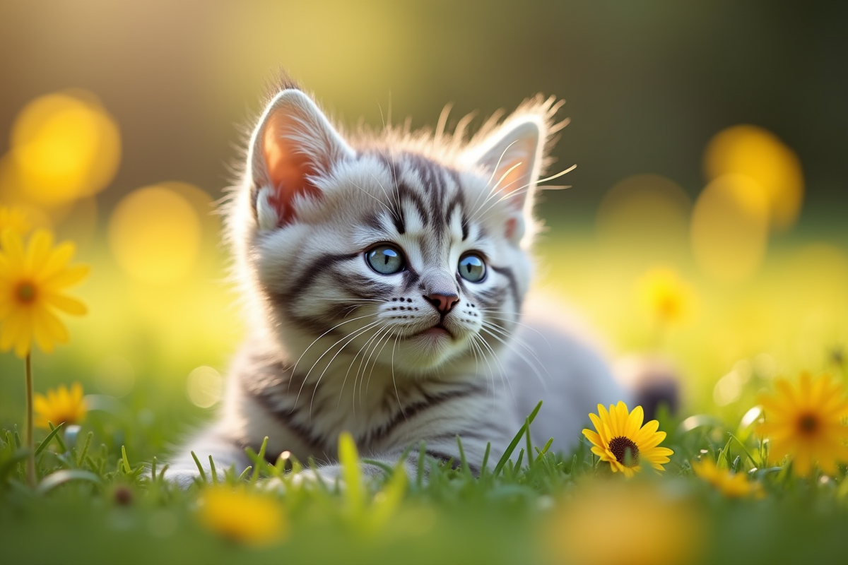 Chaton angora gris dans un jardin printanier