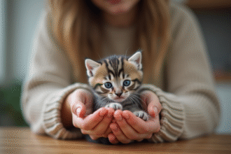 Chaton bleu aux yeux clairs tenu dans les mains d'une femme