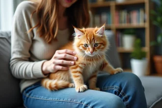 Chaton longhair orange sur les genoux d'une femme