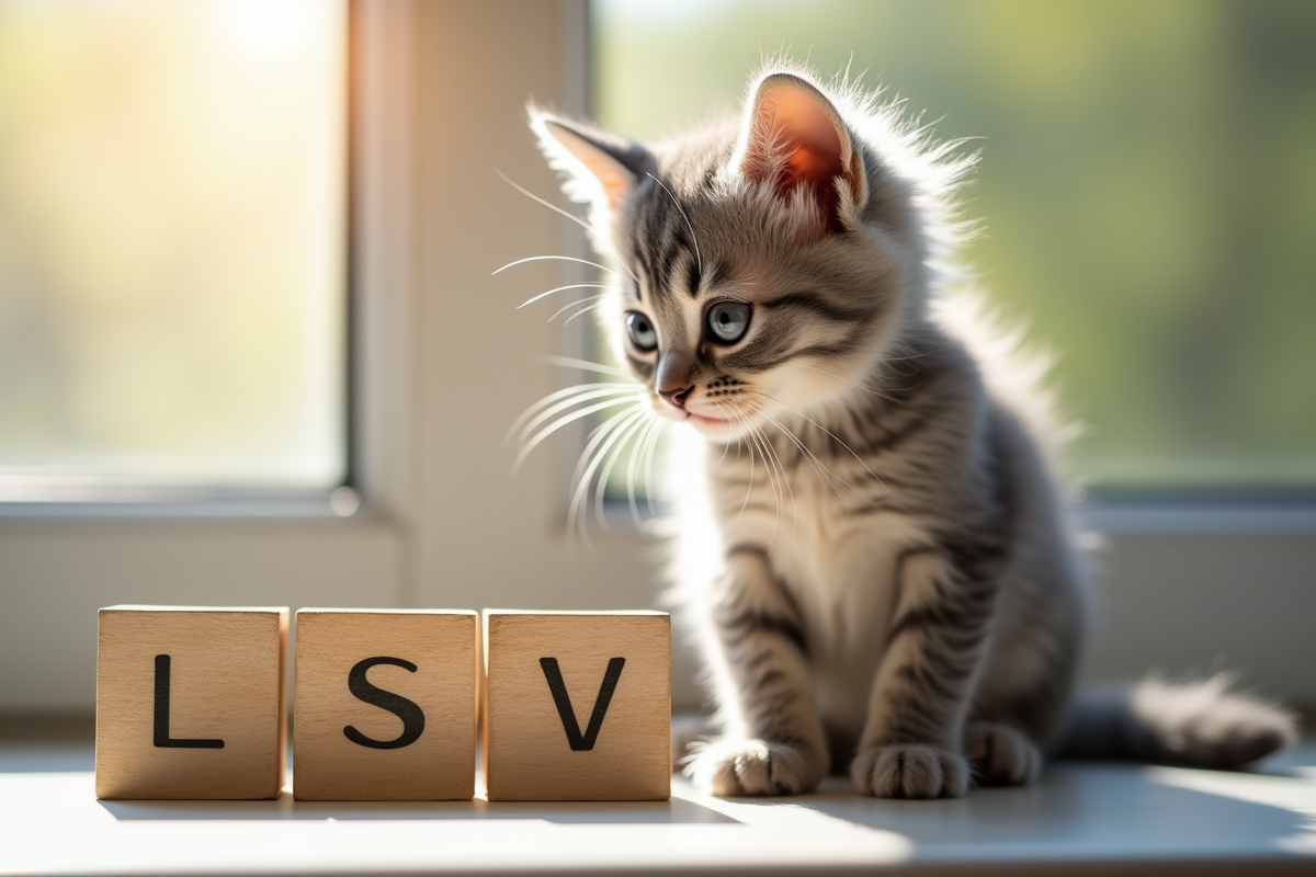 Chaton gris curieux sur une fenêtre avec blocs en bois