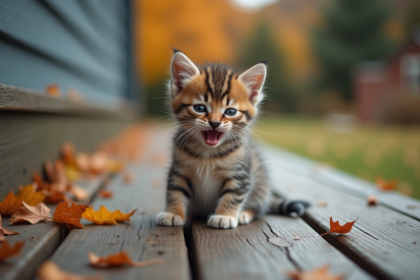 Chaton jeune et confus sur un porche en automne
