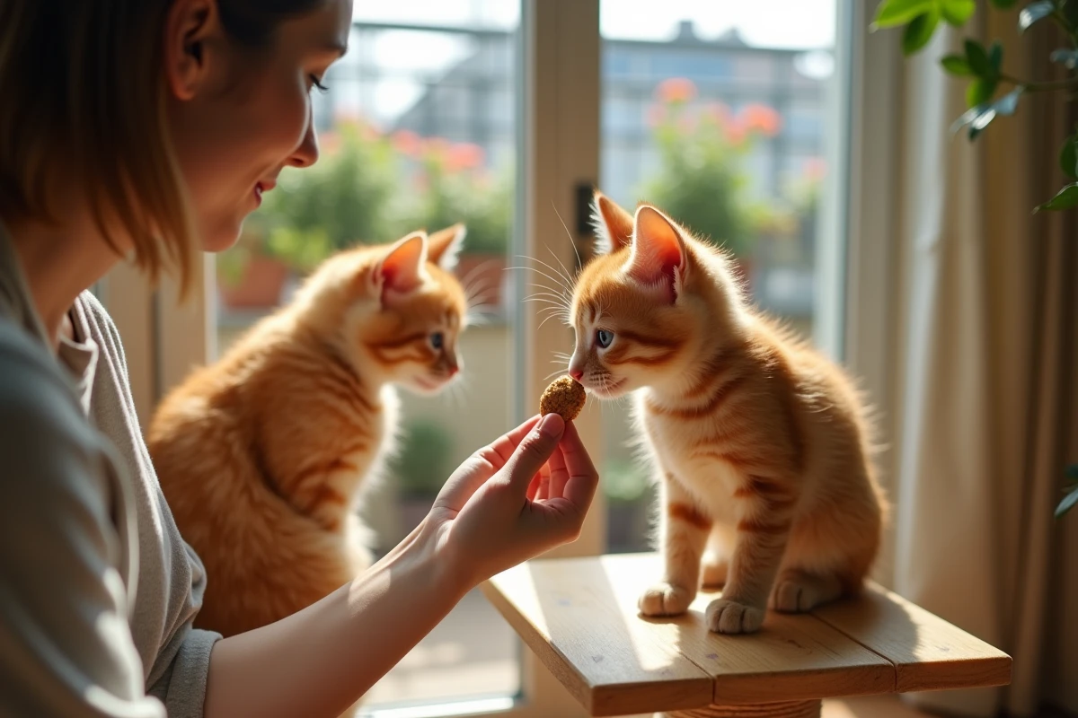 Chaton roux sur arbre à chat reniflant une friandise tendue par son maître accroupi, technique de socialisation douce pour chat au caractère indépendant