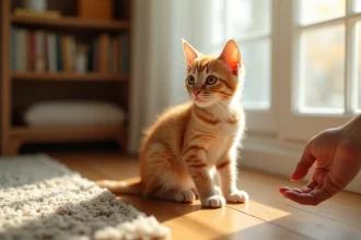 Chaton roux indépendant sur parquet bois avec main humaine tendue à distance, illustrant la création du lien avec un chat au caractère autonome