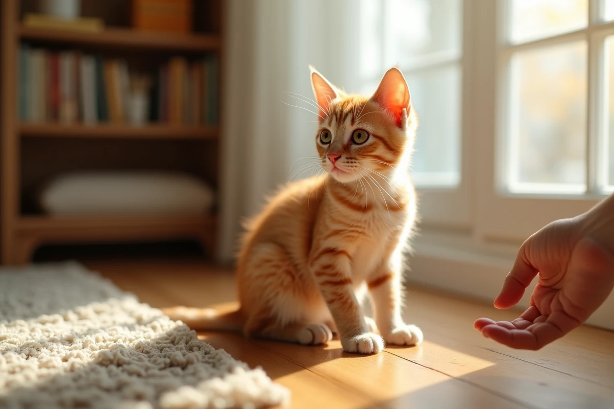 Chaton roux indépendant sur parquet bois avec main humaine tendue à distance, illustrant la création du lien avec un chat au caractère autonome