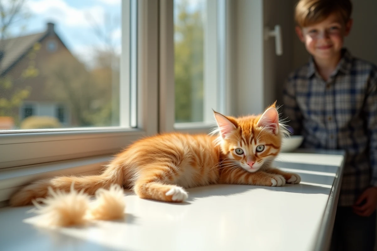 Chaton orange étiré sur le rebord de fenêtre avec garçon