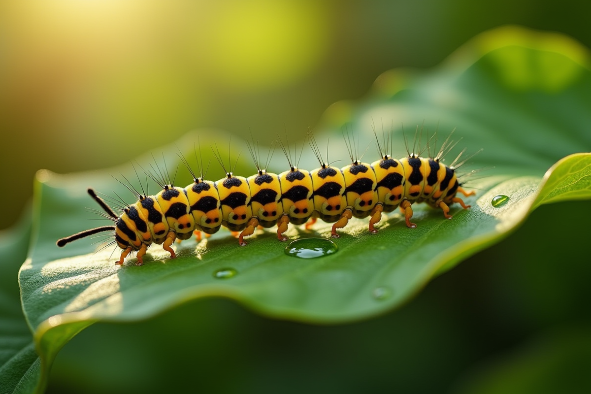 Chenille jaune et noire sur une feuille verte au matin