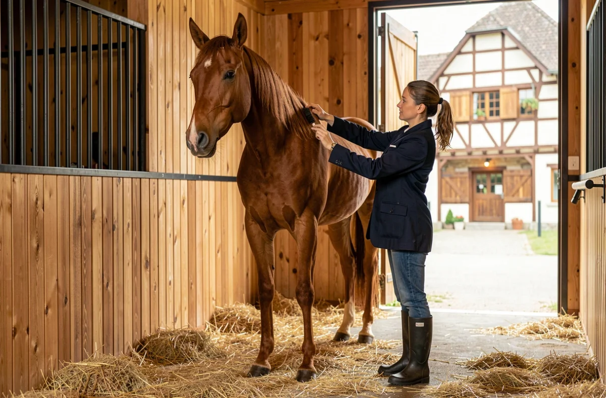 Palefrenier soignant un cheval alezan dans une écurie moderne de Cheval Alsace à Belmont, Bas-Rhin