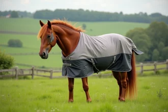 Cheval alezan en pré portant un masque anti-mouches et une couverture filet pour se protéger des insectes en pâturage