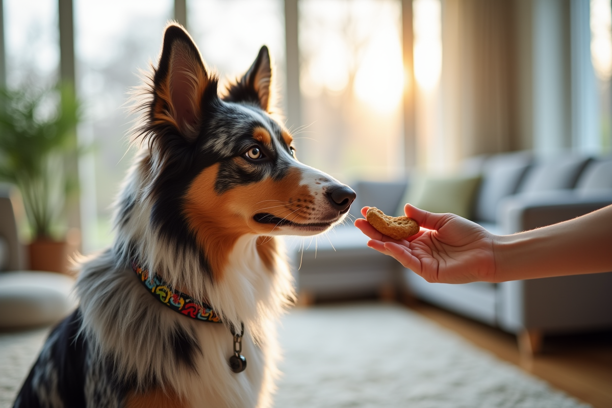 Chien australien bleu merle concentré sur une friandise en intérieur