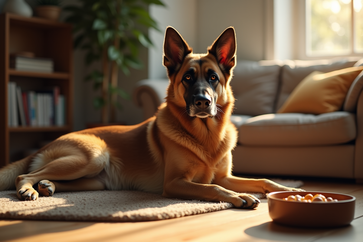 Chien berger allemand âgé dans un salon lumineux et chaud