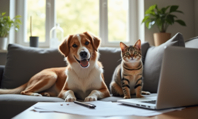 Chien heureux et chat détendu sur un canapé avec documents d'assurance