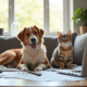Chien heureux et chat détendu sur un canapé avec documents d'assurance