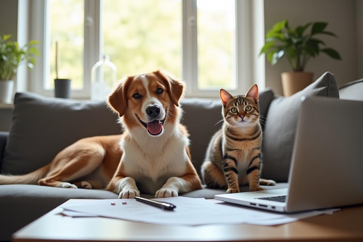 Chien heureux et chat détendu sur un canapé avec documents d'assurance