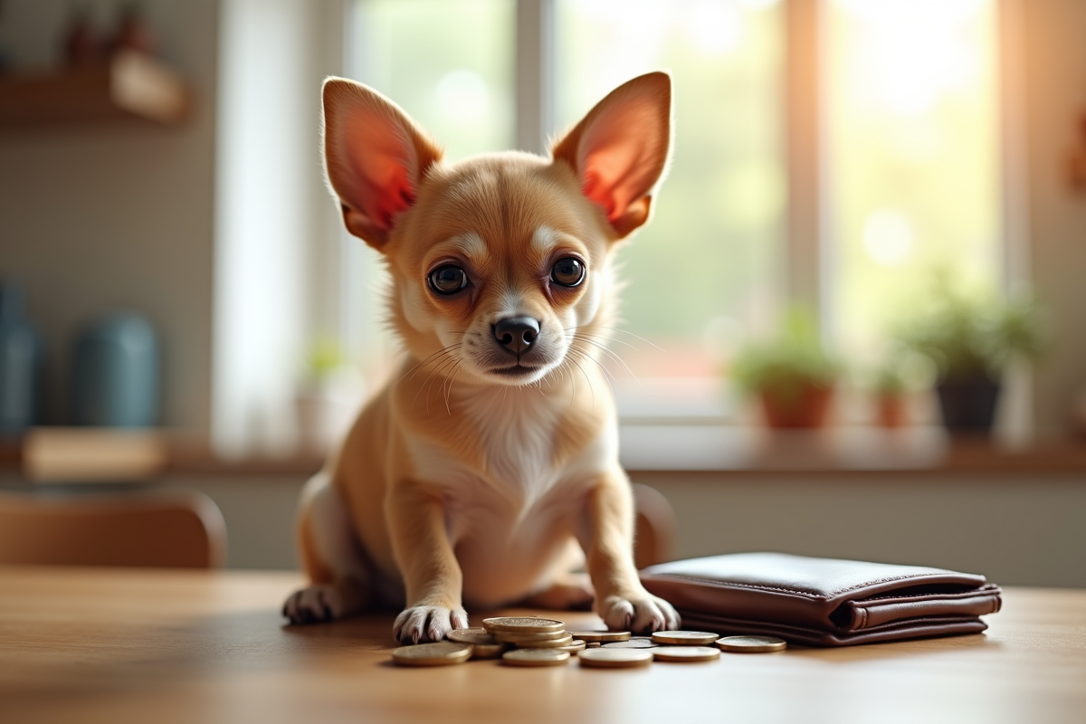 Chihuahua avec des pièces et un portefeuille sur une table lumineuse
