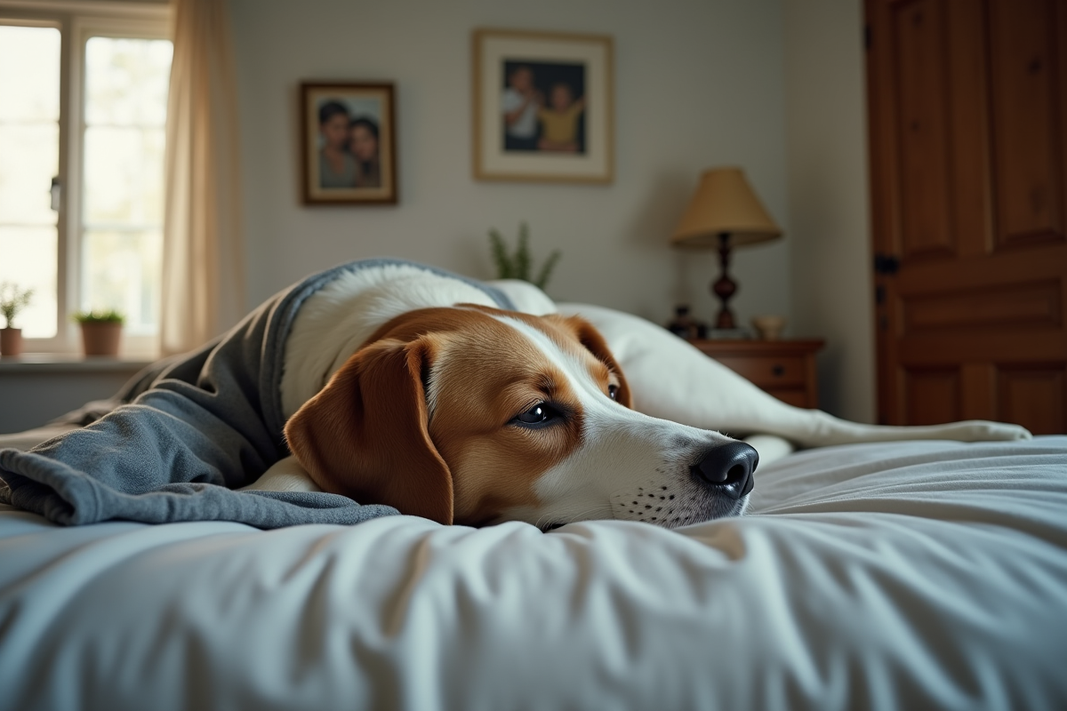 Chien allongé seul sur un lit avec une chemise