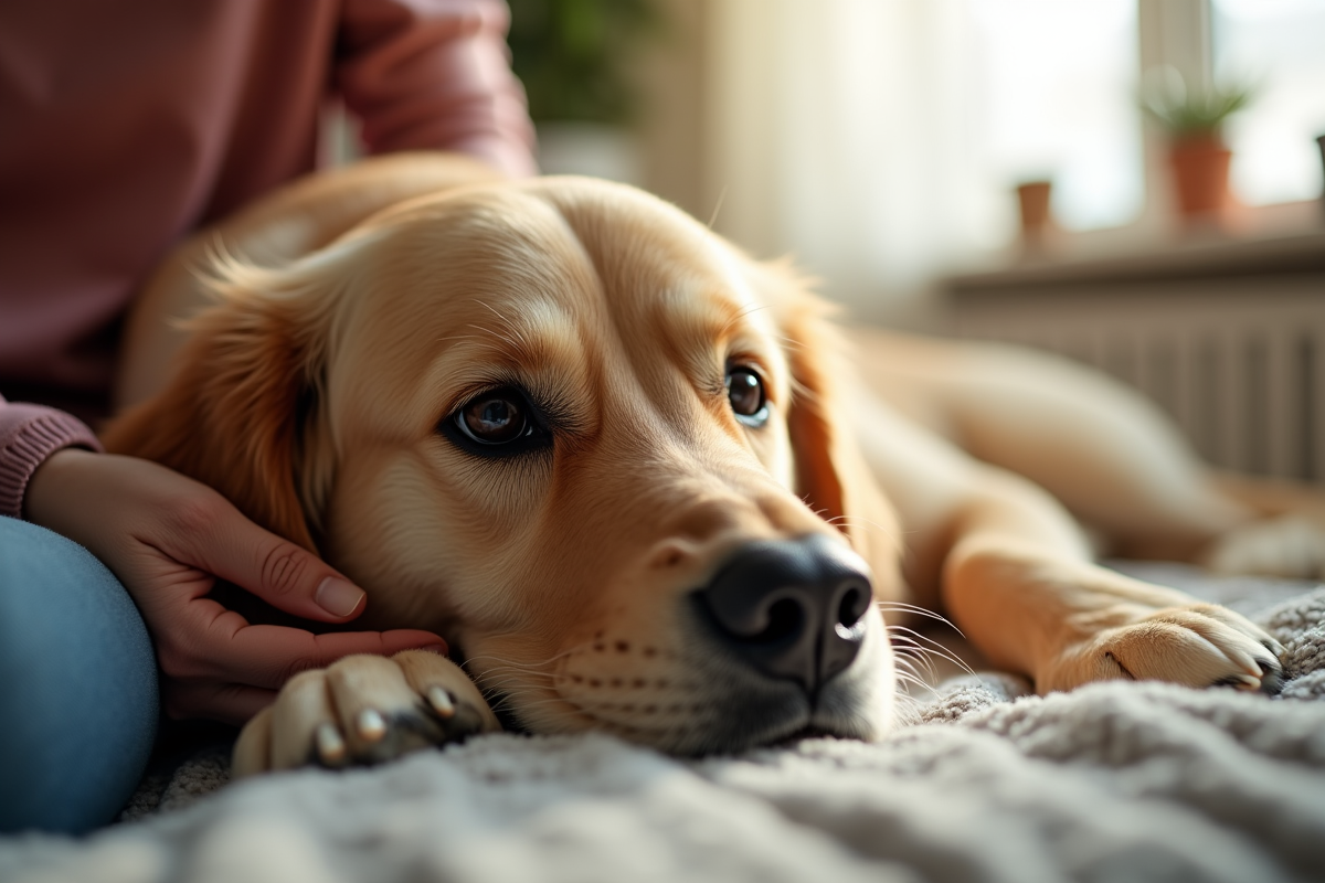 Chien doré senior allongé sur un coussin dans un salon chaleureux