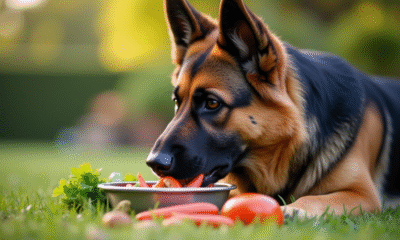 Chien berger allemand mangeant légumes frais et nourriture