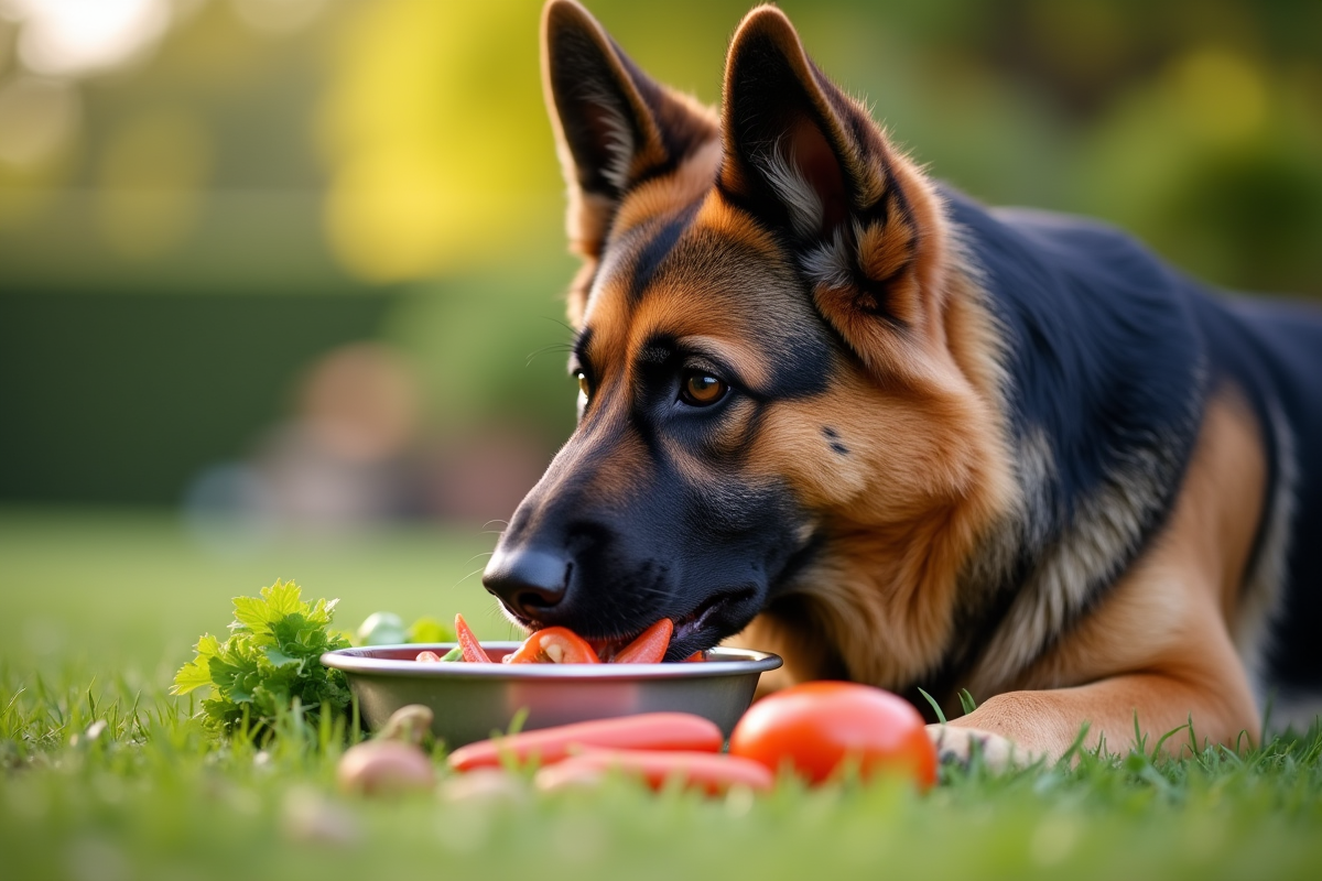 Chien berger allemand mangeant légumes frais et nourriture