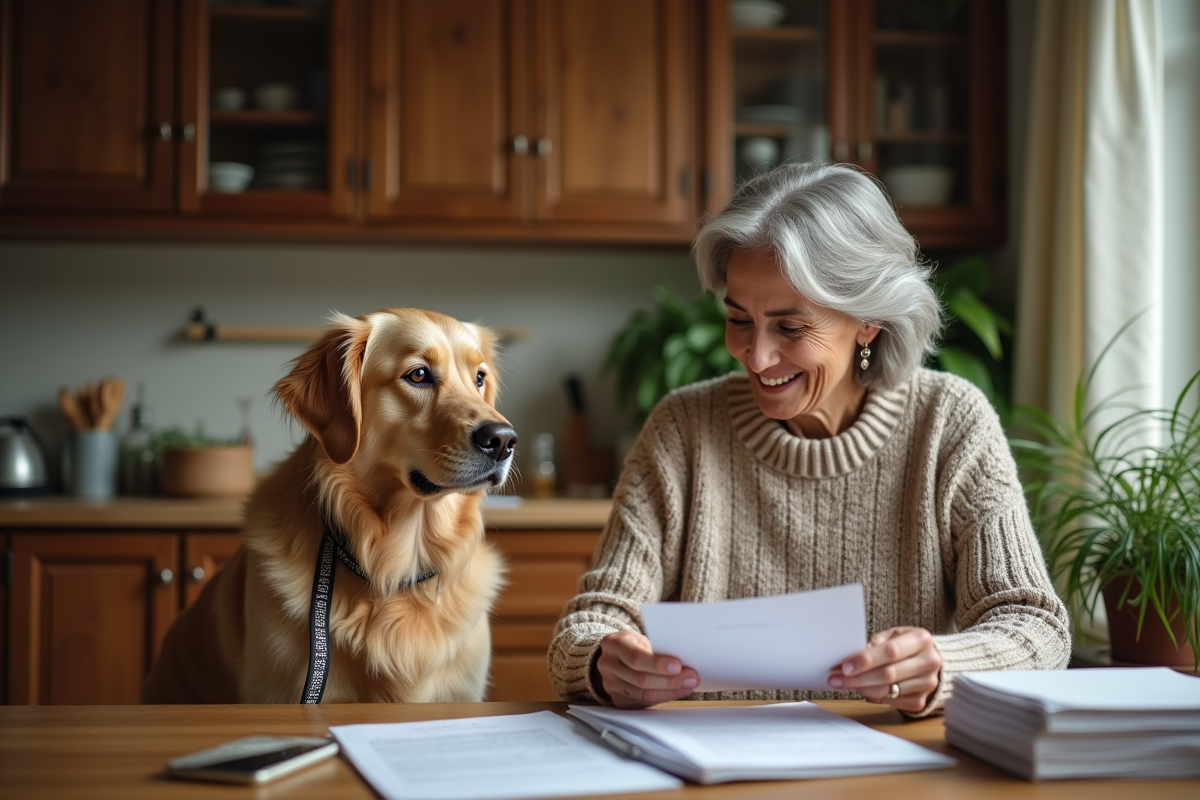 Golden retriever assis près d'une femme à la maison