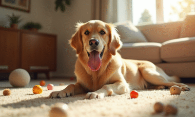 Golden retriever joueur allongé sur tapis en salon lumineux