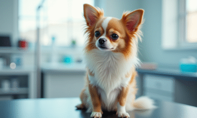 Chihuahua à poil long sur une table d'examen vétérinaire