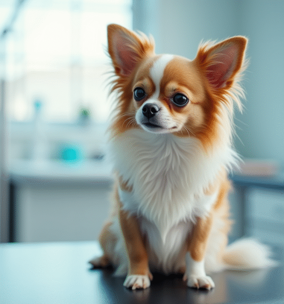 Chihuahua à poil long sur une table d'examen vétérinaire