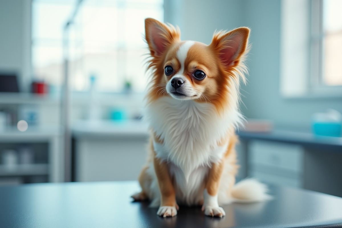 Chihuahua à poil long sur une table d'examen vétérinaire