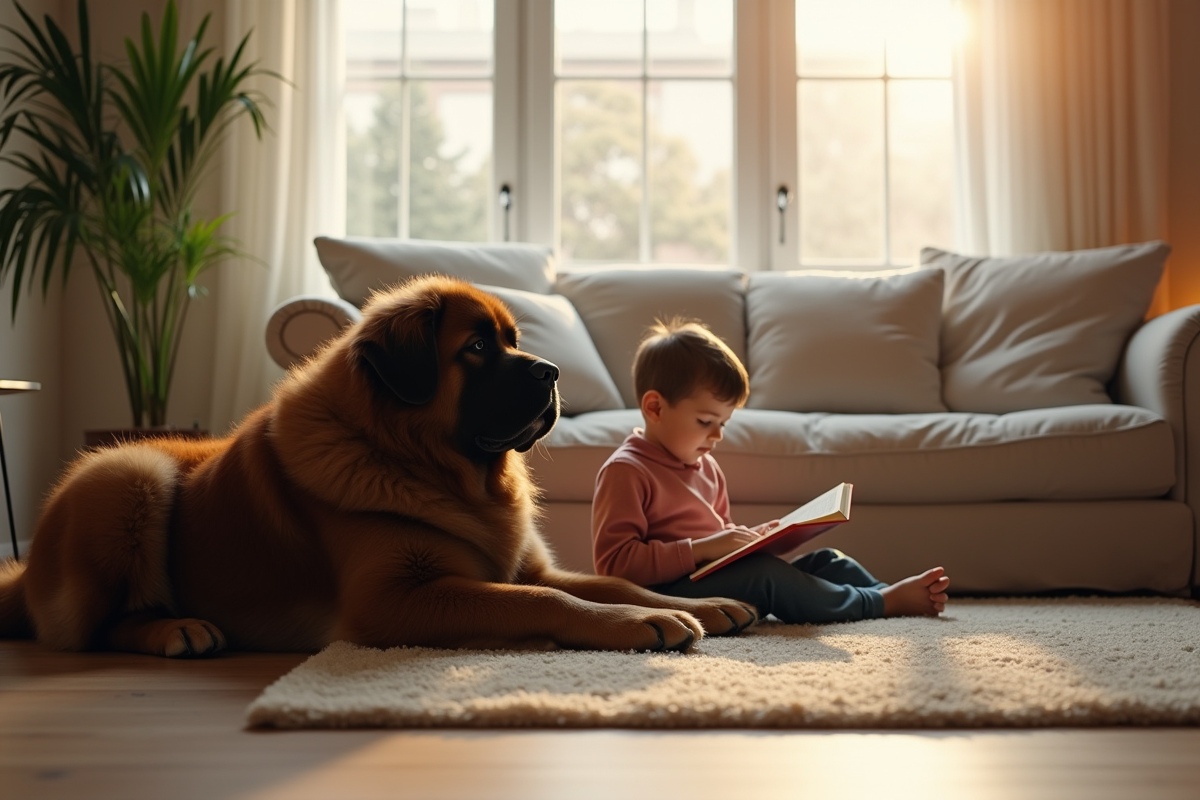 Chien Newfoundland allongé dans un salon lumineux avec un enfant lisant