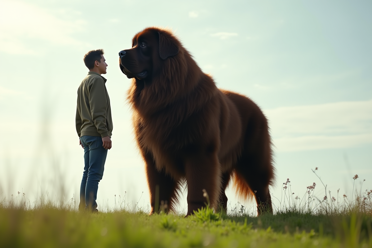Grand chien Newfoundland debout sur l'herbe sous un ciel ensoleille