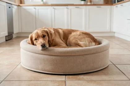 Chien golden retriever installé dans un panier antidérapant sur carrelage de cuisine moderne