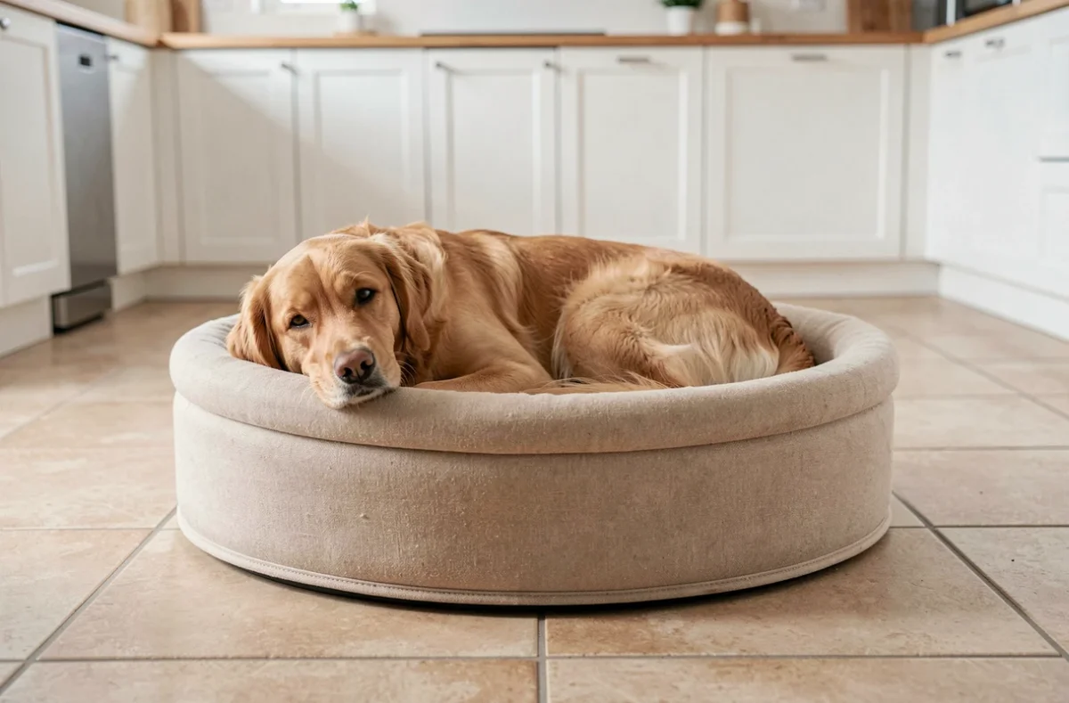 Chien golden retriever installé dans un panier antidérapant sur carrelage de cuisine moderne