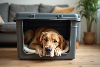 Golden retriever adulte couché calmement dans un panier solide en plastique gris foncé sur un parquet en chêne clair dans un salon