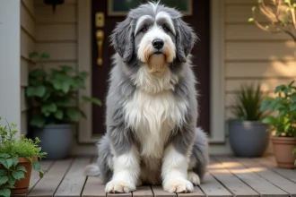 Grand chien à poil long de race Old English Sheepdog assis sur un porche en bois, pelage gris et blanc bien entretenu, regard doux et attentif